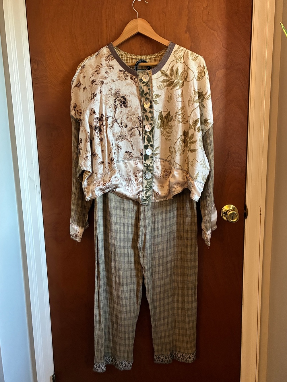 Two-Piece Floral & Plaid Jumpsuit Set in Olive and Cream